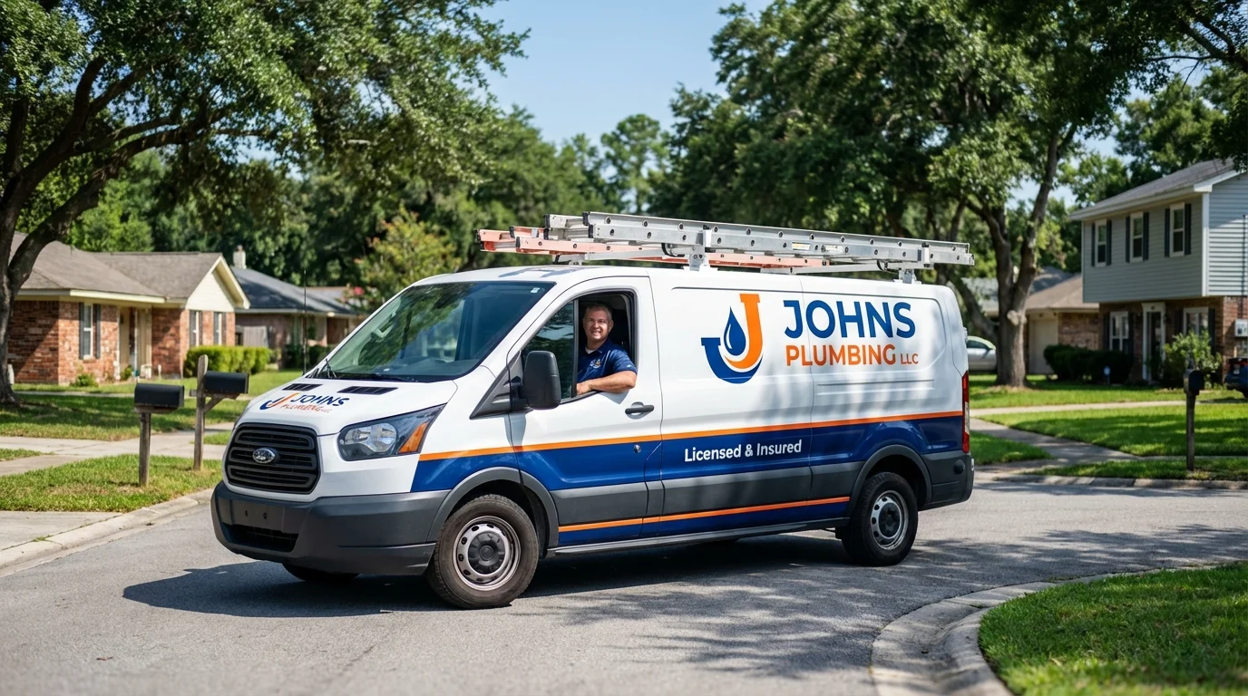 Johns Plumbing LLC service van in Woodstock, NH