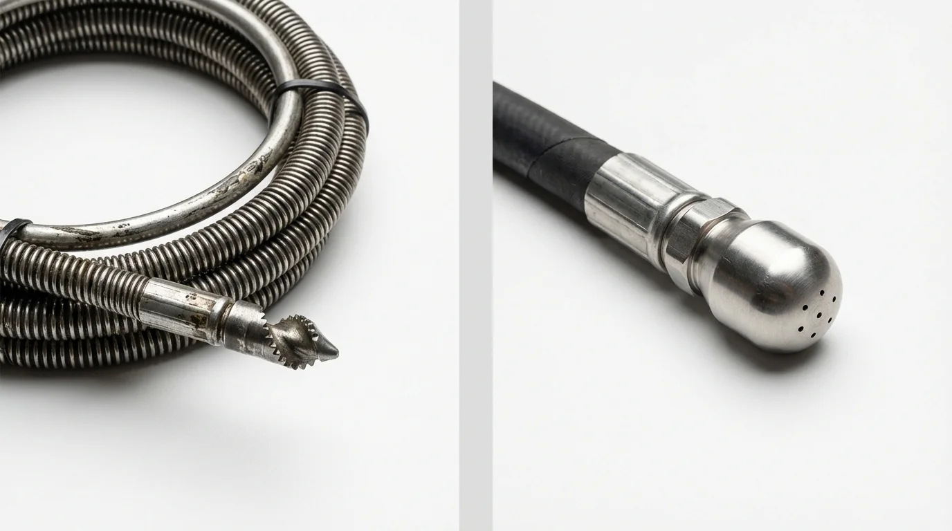 Drain snake cable and hydro jetting nozzle used for drain cleaning in Woodstock, NH