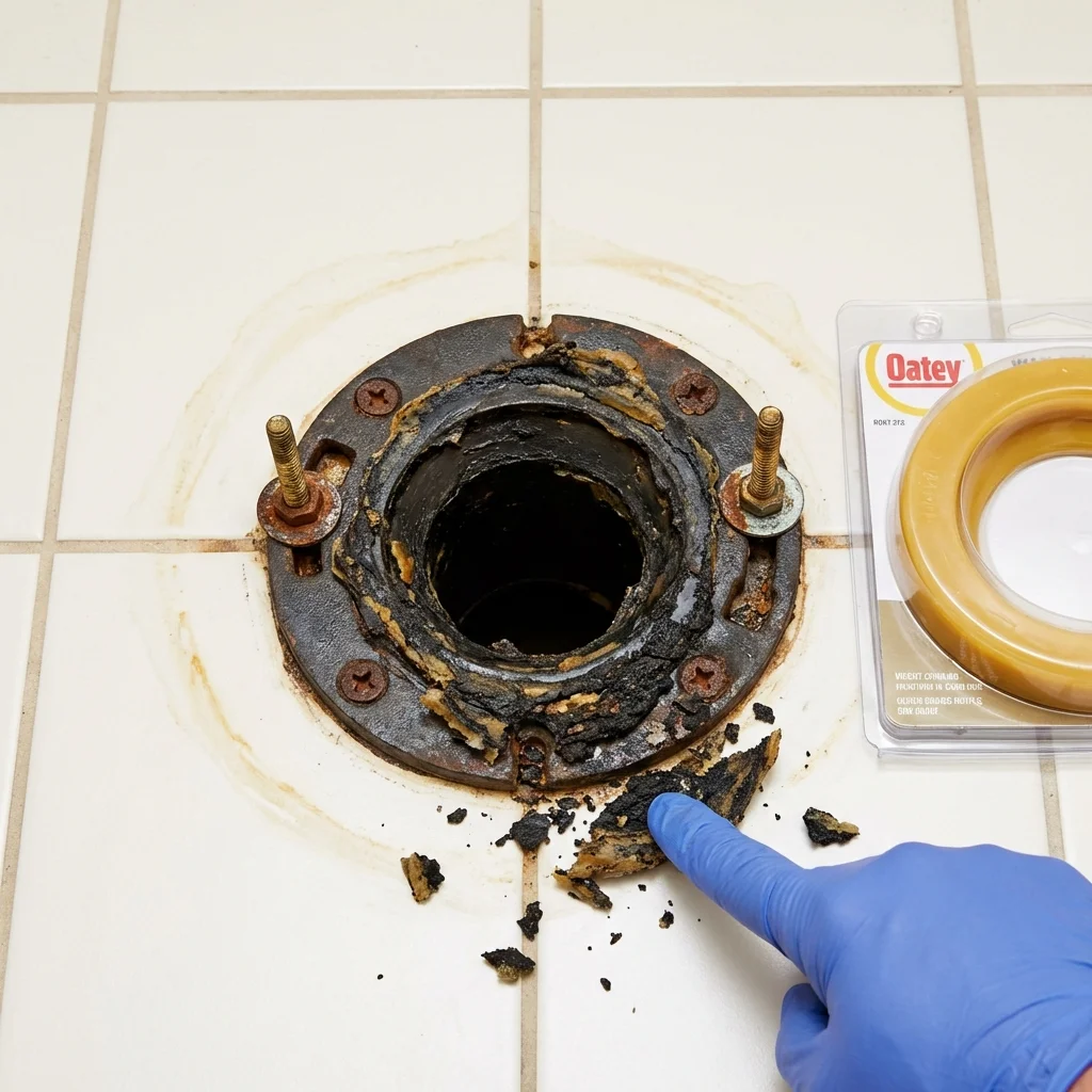 Failed wax ring showing water seepage at the base of a toilet in a Woodstock, NH home