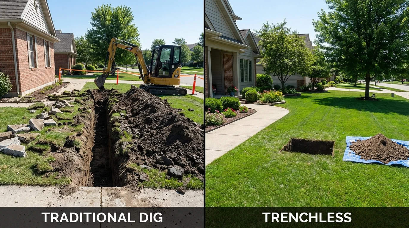 Trenchless sewer repair with minimal yard damage versus traditional excavation in Woodstock, NH