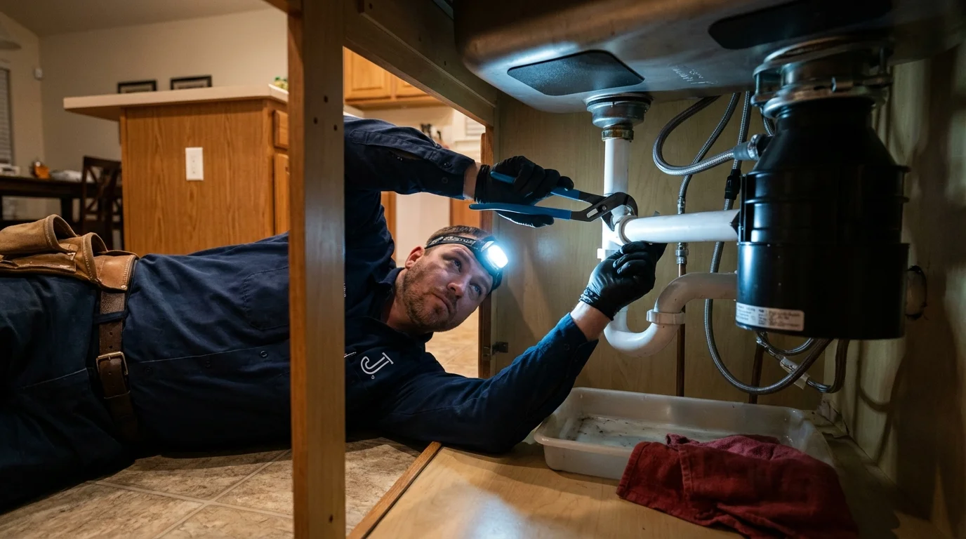 P-trap and supply line connections under a kitchen sink showing a common leak point in Woodstock, NH